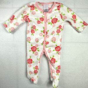 Baby Girls Pink White Rose Floral Fleece Footed Sleeper Romper Size 3-6 Months